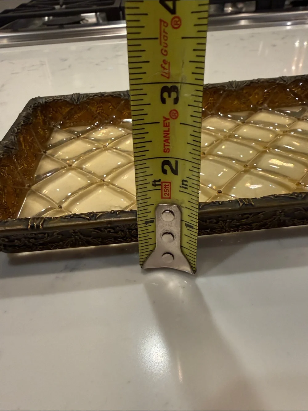 Vintage Amber Faux Glass Decorative Vanity Tray Brass Tone Filigree Catchall